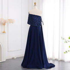 HELEN Luxury Off Shoulder Navy Blue Evening Dress with Cape