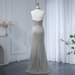 HELEN Luxury Halter Silver Nude Beaded Evening Dress