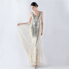 Elegant V-Neck Floral Sequin with Cloak Craft Beading Evening Dress