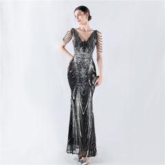 Elegant V-Neck Floral Sequin with Cloak Craft Beading Evening Dress