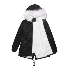 Women Mid-Length Fleece Lined Fur Collar Winter Coat