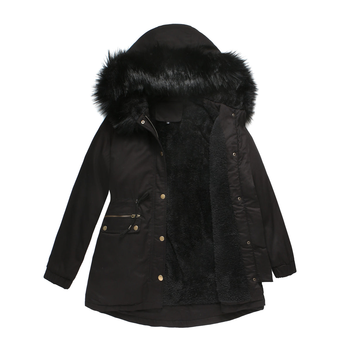 Women Fleece Lined Fur Collar Hooded Warm Coat