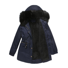 Women Fleece Lined Fur Collar Hooded Warm Coat