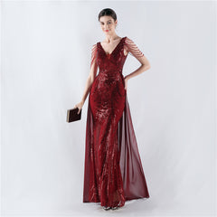 Elegant V-Neck Floral Sequin with Cloak Craft Beading Evening Dress