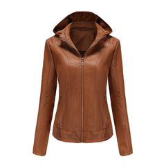 Women's Detachable Hat Hooded Fleece-Lined Leather Jacket