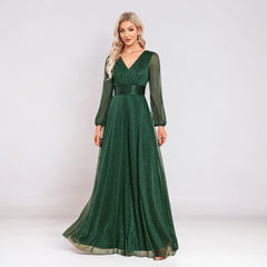 Elegant V Neck Chiffon Sheer Long Sleeve Evening Dress