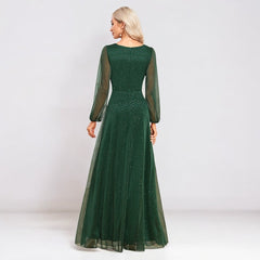 Elegant V Neck Chiffon Sheer Long Sleeve Evening Dress