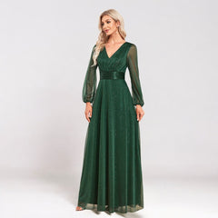 Elegant V Neck Chiffon Sheer Long Sleeve Evening Dress