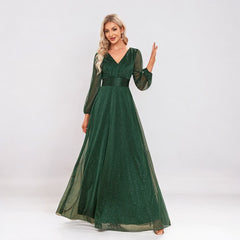 Elegant V Neck Chiffon Sheer Long Sleeve Evening Dress