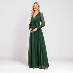 Elegant V Neck Chiffon Sheer Long Sleeve Evening Dress