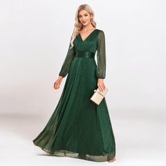 Elegant V Neck Chiffon Sheer Long Sleeve Evening Dress