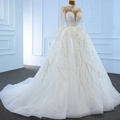 Elegant Women's White High Neck Wedding Dress with Pearls and Chapel Train