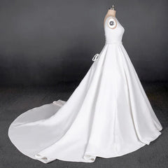 Women's White Satin A-line Wedding Dress with Cathedral Train