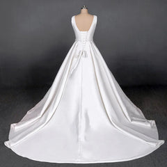 Women's White Satin A-line Wedding Dress with Cathedral Train