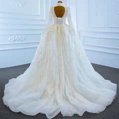 Elegant Women's White High Neck Wedding Dress with Pearls and Chapel Train