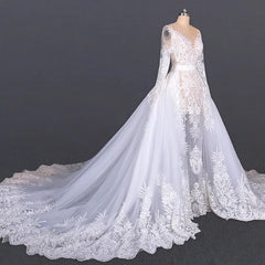 Elegant White Illusion V-Neck A-Line Wedding Dress with Crystal Appliques