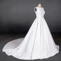 Women's White Satin A-line Wedding Dress with Cathedral Train