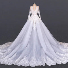 Elegant White Illusion V-Neck A-Line Wedding Dress with Crystal Appliques