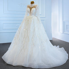 Elegant Women's White High Neck Wedding Dress with Pearls and Chapel Train