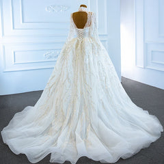 Elegant Women's White High Neck Wedding Dress with Pearls and Chapel Train