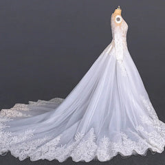 Elegant White Illusion V-Neck A-Line Wedding Dress with Crystal Appliques