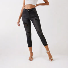 Women Slim Fit Dark Grey Ripped Pencil Jeans