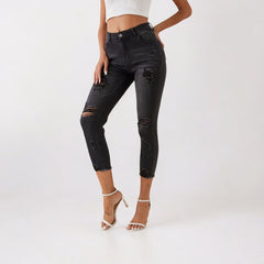 Women Slim Fit Dark Grey Ripped Pencil Jeans