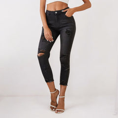 Women Slim Fit Dark Grey Ripped Pencil Jeans