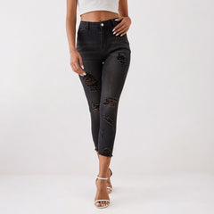 Women Slim Fit Dark Grey Ripped Pencil Jeans