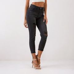 Women Slim Fit Dark Grey Ripped Pencil Jeans