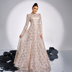 Long Sleeve Printed Sequin Backless Cocktail Evening Dress