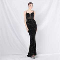 Elegant Boning Corset Mesh Sequin Evening Dress