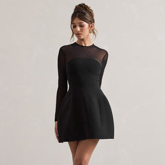 Women Mesh Stitching Black Short Day Dress