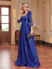 Elegant Sequin Blue Long Sleeved Evening Dress