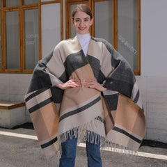 Women's Plaid Jacquard Scarf Cloak Tassel Split Shawl