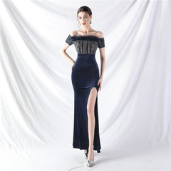 Elegant Ostrich Fur Velvet off Neck Evening Dress