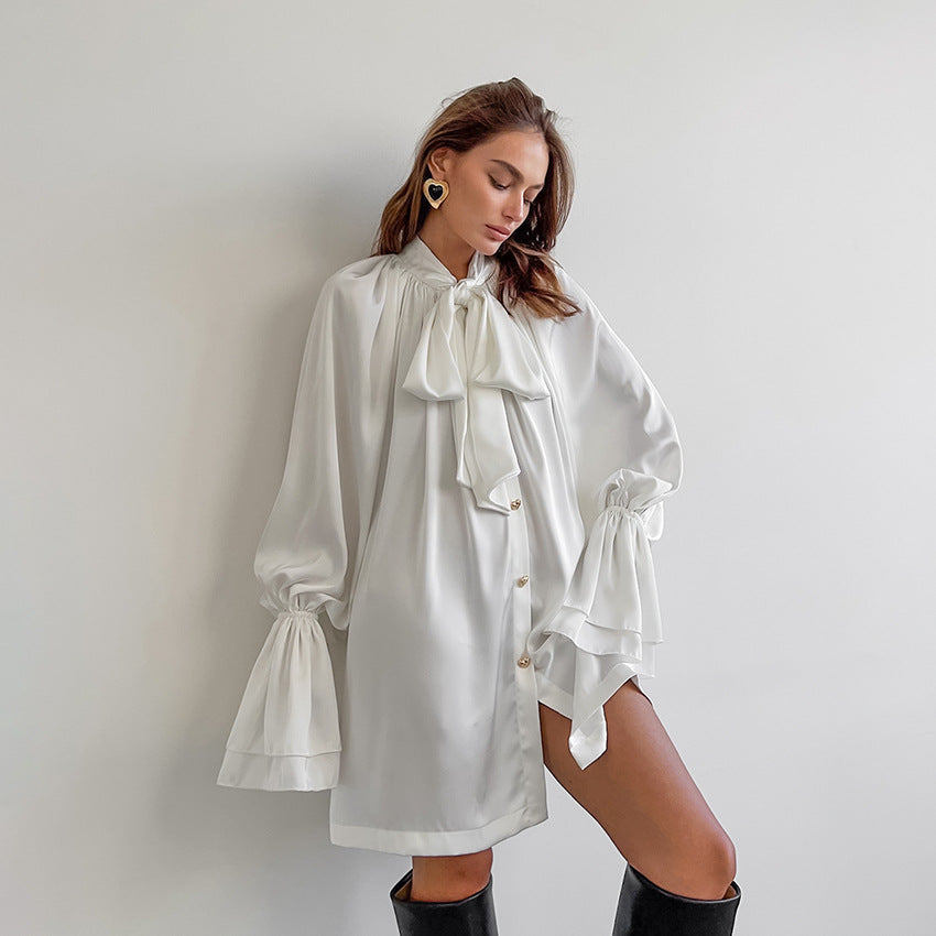 Elegant Thick Matte Satin Loose Tie Neck Flare Sleeve Shirt Dress