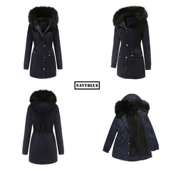 Women Fleece Lined Fur Collar Hooded Warm Jacket