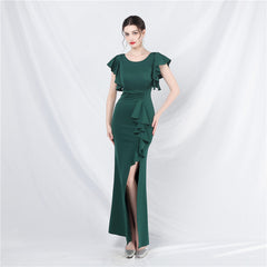 Elegant V-Neck Ruffle Short Sleeve Formal Dress