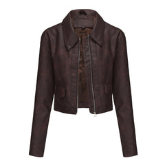 Women Long Sleeved Casual Thin Leather Jacket