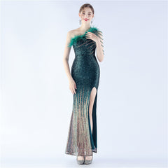 Elegant Gradient Sequin Beaded Feather Evening Dress