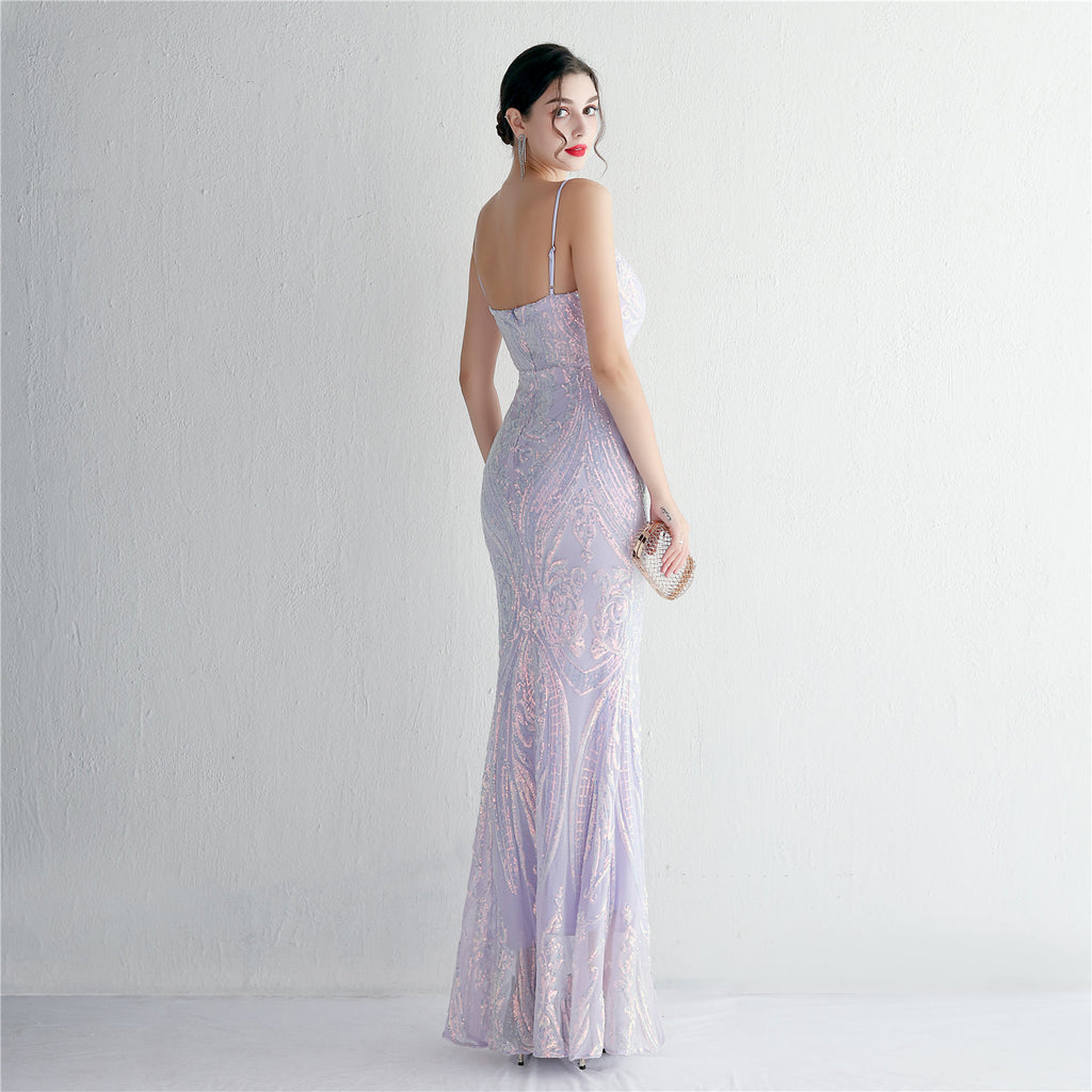 REVCHIC LUXE Elegant V-Neck 3D Floral Sequin Maxi Gown