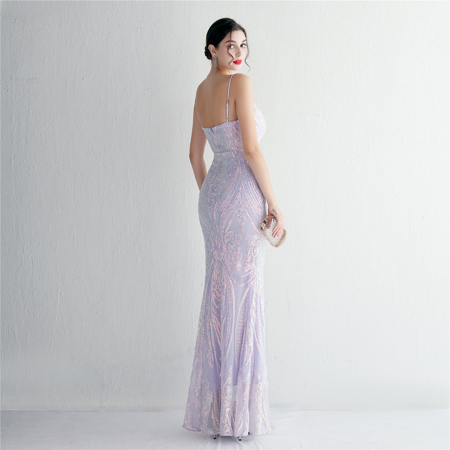 REVCHIC LUXE Elegant V-Neck 3D Floral Sequin Maxi Gown