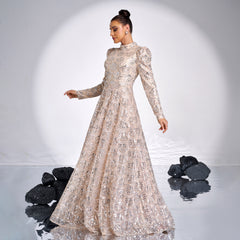 Long Sleeve Printed Sequin Backless Cocktail Evening Dress