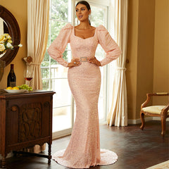 Long Sleeves Sequined Evening Dress