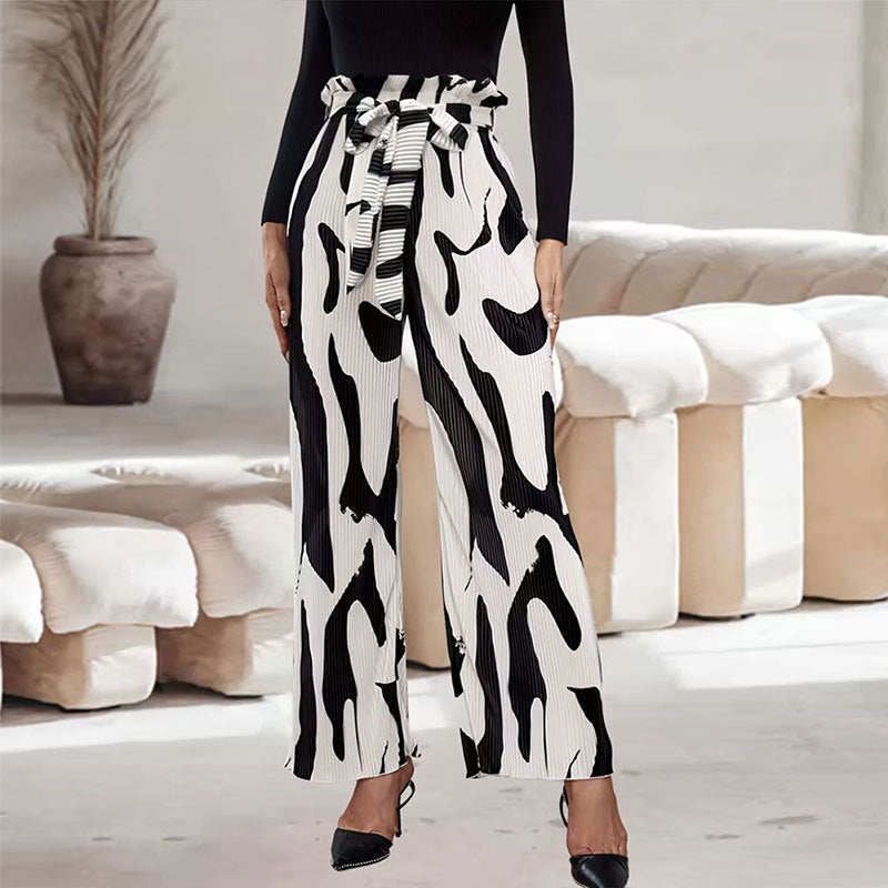 Elegant Pleated Printed Waist Casual Wide Leg Pants