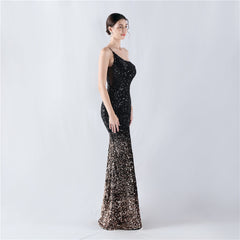 Elegant Velvet Bottom Gradient Sequin One Shoulder Evening Dress