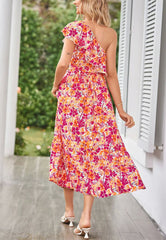 Summer Printed One Shoulder Ruffles Sleeveless Vacation Dress