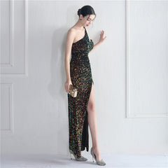 Elegant Velvet Bottom Sequin One Shoulder Evening Dress