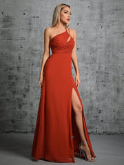 Women Wine Red One Shoulder Split Evening Dress